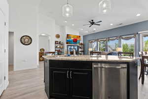 Kitchen with dishwasher, dark cabinets, a sink, baseboards, and lofted ceiling