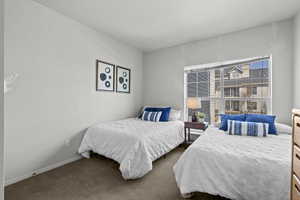 Bedroom with dark colored carpet
