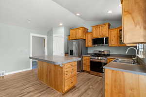 Kitchen with appliances with stainless steel finishes, a sink, lofted ceiling, a center island, and light wood-style flooring