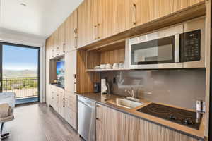 Kitchen with stainless steel appliances, a sink, light brown cabinets, dark countertops, and a mountain view