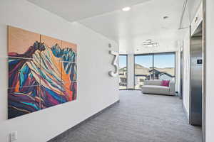 Corridor with carpet floors, a wall of windows, baseboards, and elevator