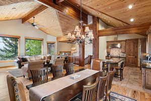 Dining space featuring a chandelier, recessed lighting, ceiling fan, wooden ceiling, and light wood finished floors