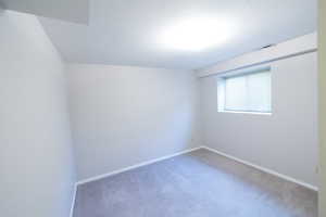 Carpeted empty room featuring a textured ceiling and baseboards