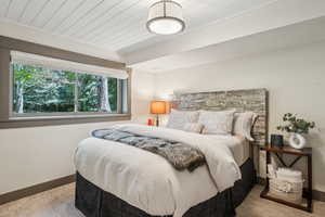bedroom on lower level with beautiful trees and loads of light from the oversized windows.