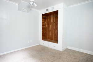 Carpeted empty room featuring baseboards and ornamental molding