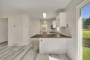 Kitchen with a sink, white cabinetry, a peninsula, dark countertops, and light wood-type flooring