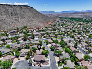 Aerial perspective of suburban area featuring mountains