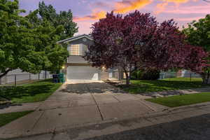 Obstructed view of property with a garage, concrete driveway, and brick siding