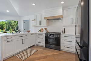Kitchen featuring range with gas stovetop, premium range hood, a sink, light countertops, and freestanding refrigerator