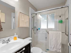 Bathroom featuring toilet, a shower stall, and vanity