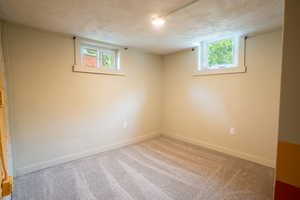 Basement featuring carpet, baseboards, and a textured ceiling