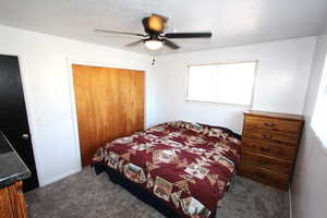 Bedroom with carpet, a closet, and ceiling fan
