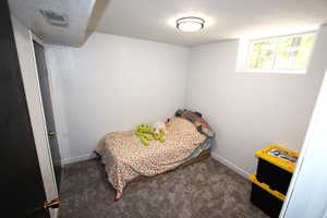 Carpeted bedroom with baseboards and a textured ceiling