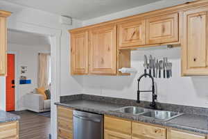 Kitchen with a sink, stainless steel dishwasher, light brown cabinets, dark countertops, and wood finished floors