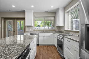 Basement/AUD kitchen featuring white cabinets, stainless steel appliances, wood look tile floors and granite countertops. 9 foot ceilings and separate entrance