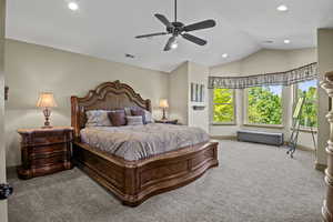 Primary bedroom features vaulted ceilings, spa style ensuite bathroom and walk in closet with custom organizers