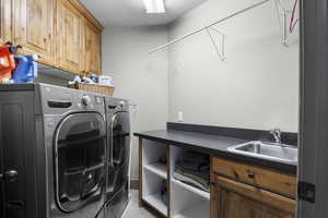 Upstairs laundry with sink and cabinets.  There is a second laundry on the lower level.