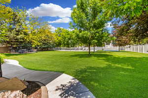 Beautiful large fully fenced backyard with mature trees, inground trampoline, sports court with basketball, shuffleboard and flood lighting.