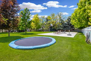 Beautiful large fully fenced backyard with mature trees, inground trampoline, sports court with basketball, shuffleboard and flood lighting.