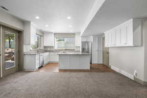 Basement/AUD kitchen featuring white cabinets, stainless steel appliances, wood look tile floors and granite countertops