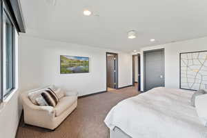 Carpeted bedroom featuring recessed lighting, baseboards, and multiple windows