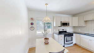Kitchen with stainless steel appliances, a sink, light wood-style floors, dark countertops, and white cabinetry