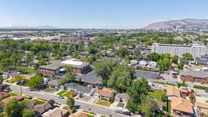 Aerial view of residential area with a mountain backdrop