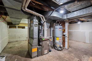 Utility room with gas water heater and heating unit
