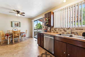 Kitchen featuring stainless steel dishwasher, a sink, ceiling fan, backsplash, and dark brown cabinets