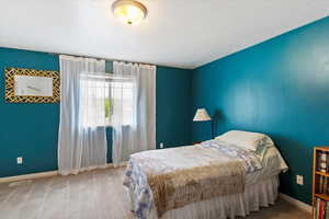 Bedroom featuring a textured ceiling, baseboards, and carpet