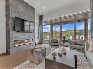 Living area featuring a stone fireplace, wood finished floors, recessed lighting, abundant natural light