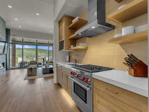 Kitchen with open shelves, designer stove, a sink, microwave, chimney exhaust hood, and backsplash
