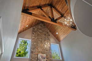 Detailed view of a chandelier and wooden ceiling with exposed beams