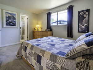Carpeted bedroom with ensuite bathroom and baseboards