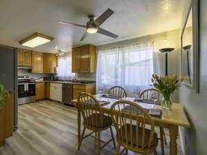 Kitchen with stainless steel appliances, under cabinet range hood, a sink, light wood-type flooring, and ceiling fan