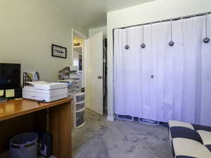 Office space with light colored carpet