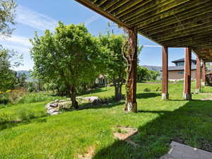 View of grassy back yard and stream