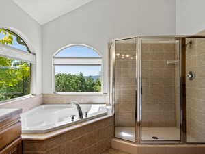 Full bathroom with plenty of natural light, corner tub with separate shower, lofted ceiling, with lake and mountain views