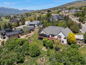 Aerial view of residential area featuring mountains