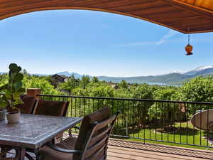 Covered deck with protected views of the lake, mountains, and surrounding valley