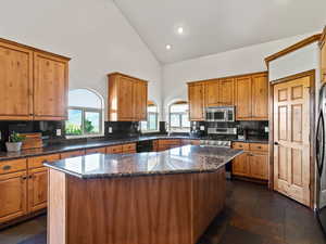 Kitchen featuring stainless steel appliances, high vaulted ceiling, sink, cabinets, recessed lighting, views of mountains and lake