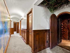 Hall with wainscoting, arched ceiling, carpeted floors