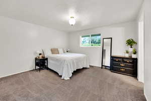 Carpeted bedroom with a textured ceiling and baseboards
