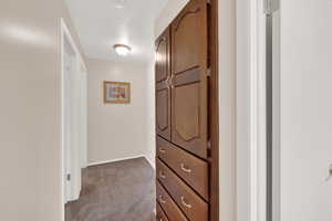 Hall featuring carpet, baseboards, and a textured ceiling