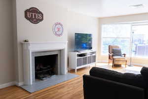 Living room with wood finished floors, a fireplace with raised hearth, plenty of natural light, and baseboards
