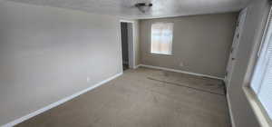 Unfurnished bedroom featuring a textured ceiling, light carpet, baseboards, and a closet
