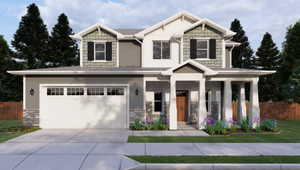 Craftsman-style house featuring driveway, stone siding, an attached garage, and covered porch
