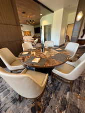 Dining space featuring a chandelier