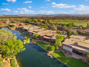 Aerial view of residential area with a water and mountain view