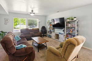 Living room with light colored carpet
